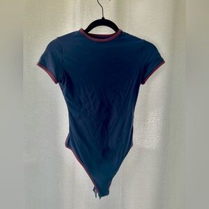 Skims Navy Blue Short Sleeve Bodysuit with Maroon Trim